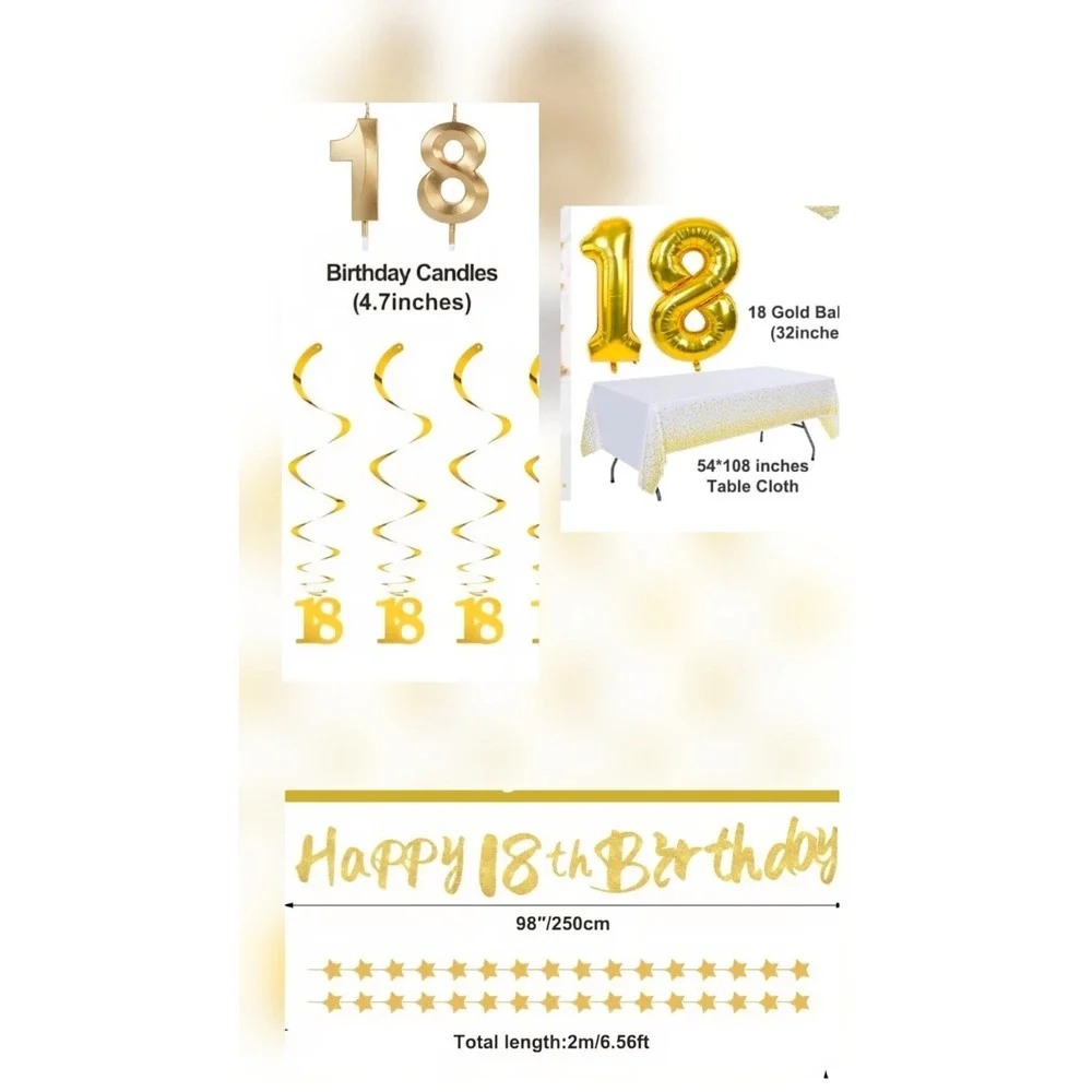 18th Birthday Decorations Set - Gold Birthday Banner, Cake Topper, Candels More